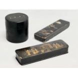 Early 20th Century Japanese lacquered boxes and tea canister. Tea canister signed. Circa 1900. 30cm.