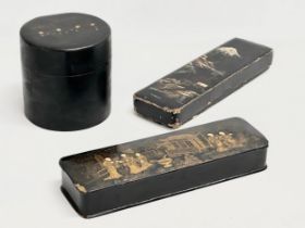 Early 20th Century Japanese lacquered boxes and tea canister. Tea canister signed. Circa 1900. 30cm.