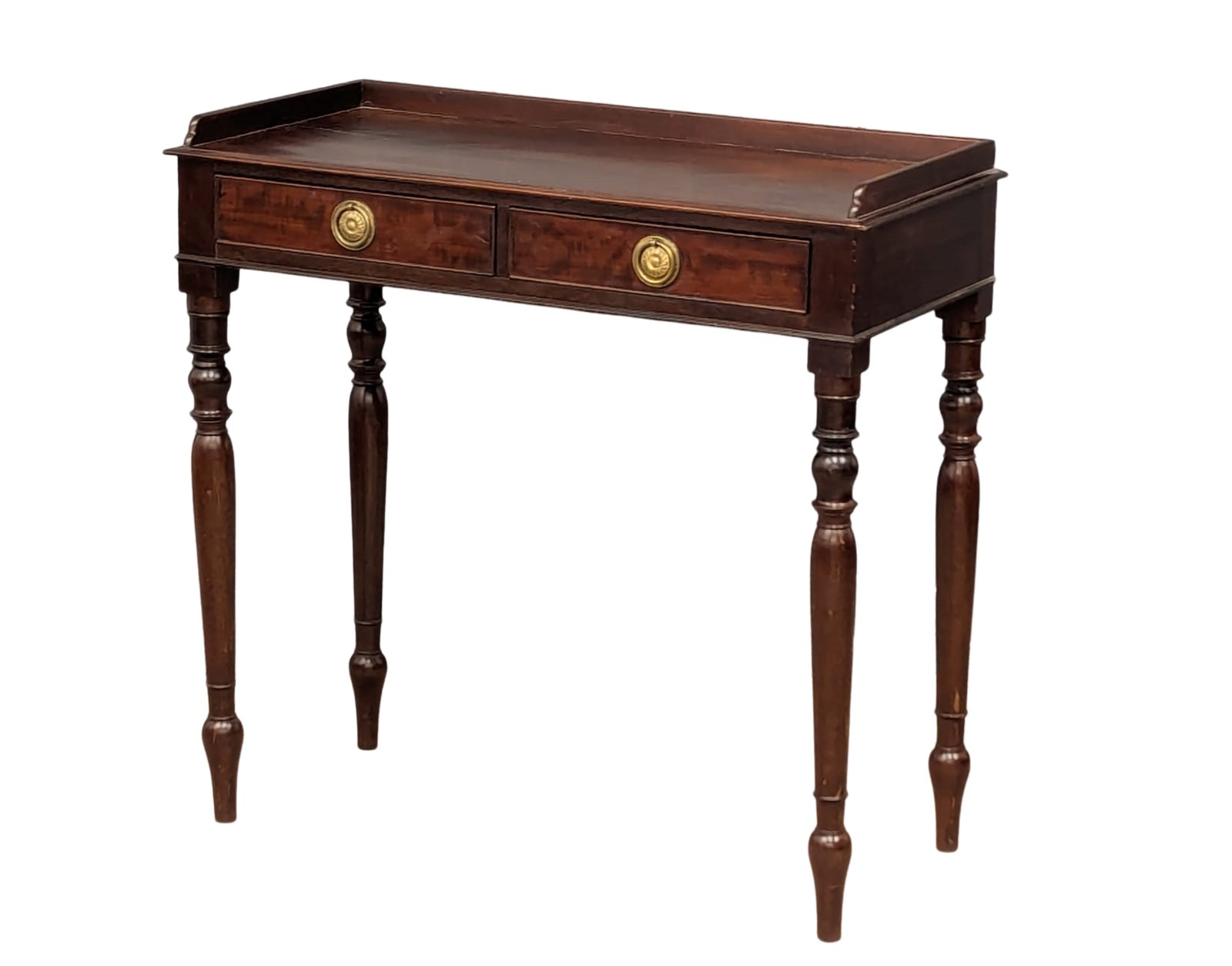 A Victorian mahogany gallery back hall table with 2 drawers with turned tapering legs. 79.5x38x78cm
