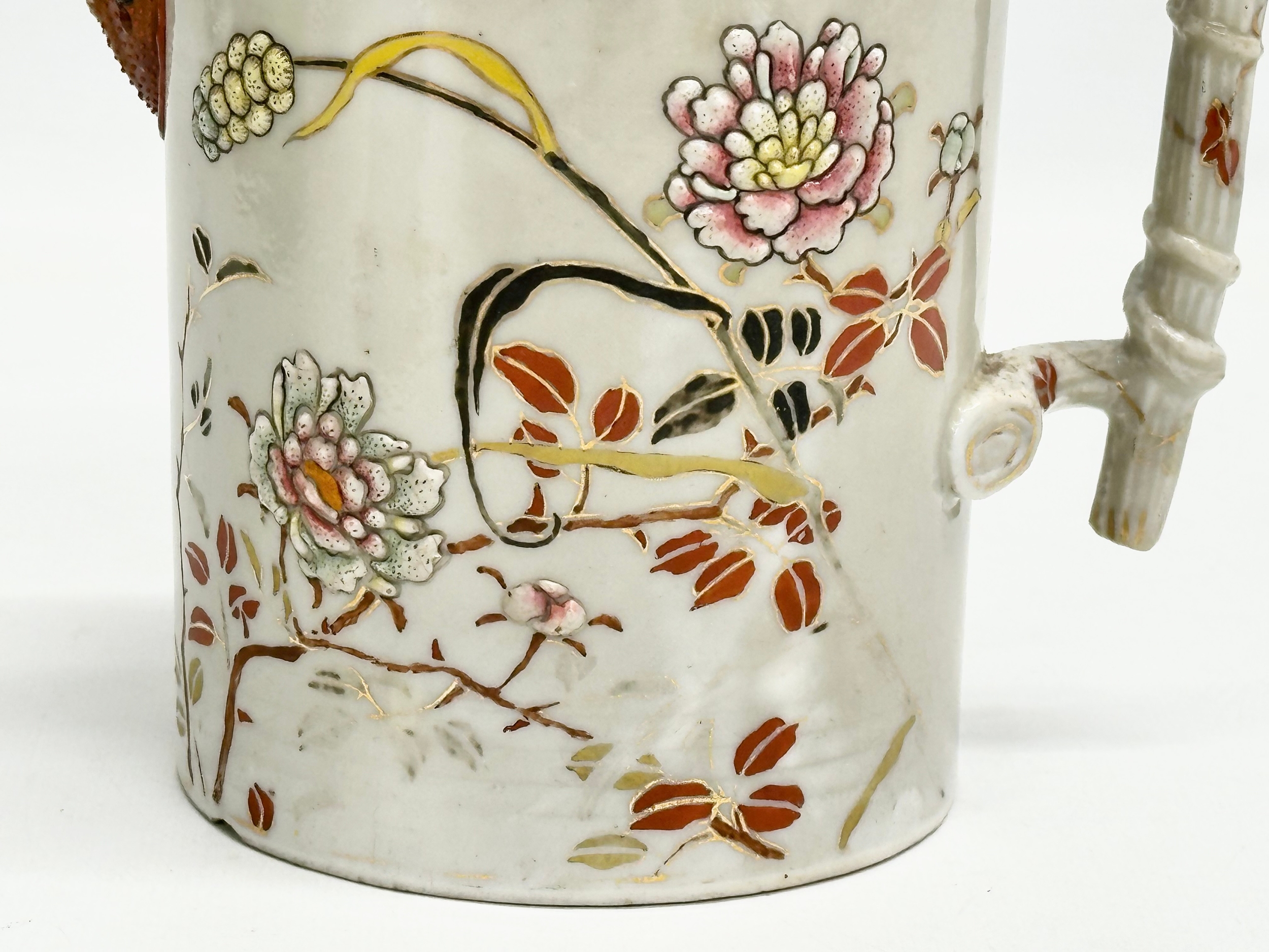A 19th Century Japanese hand painted chocolate pot/teapot. With bamboo design handle and embossed - Image 2 of 13