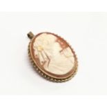 A vintage 9ct gold cameo brooch/pendant. 2.5x4cm. Total weight 6.4g.
