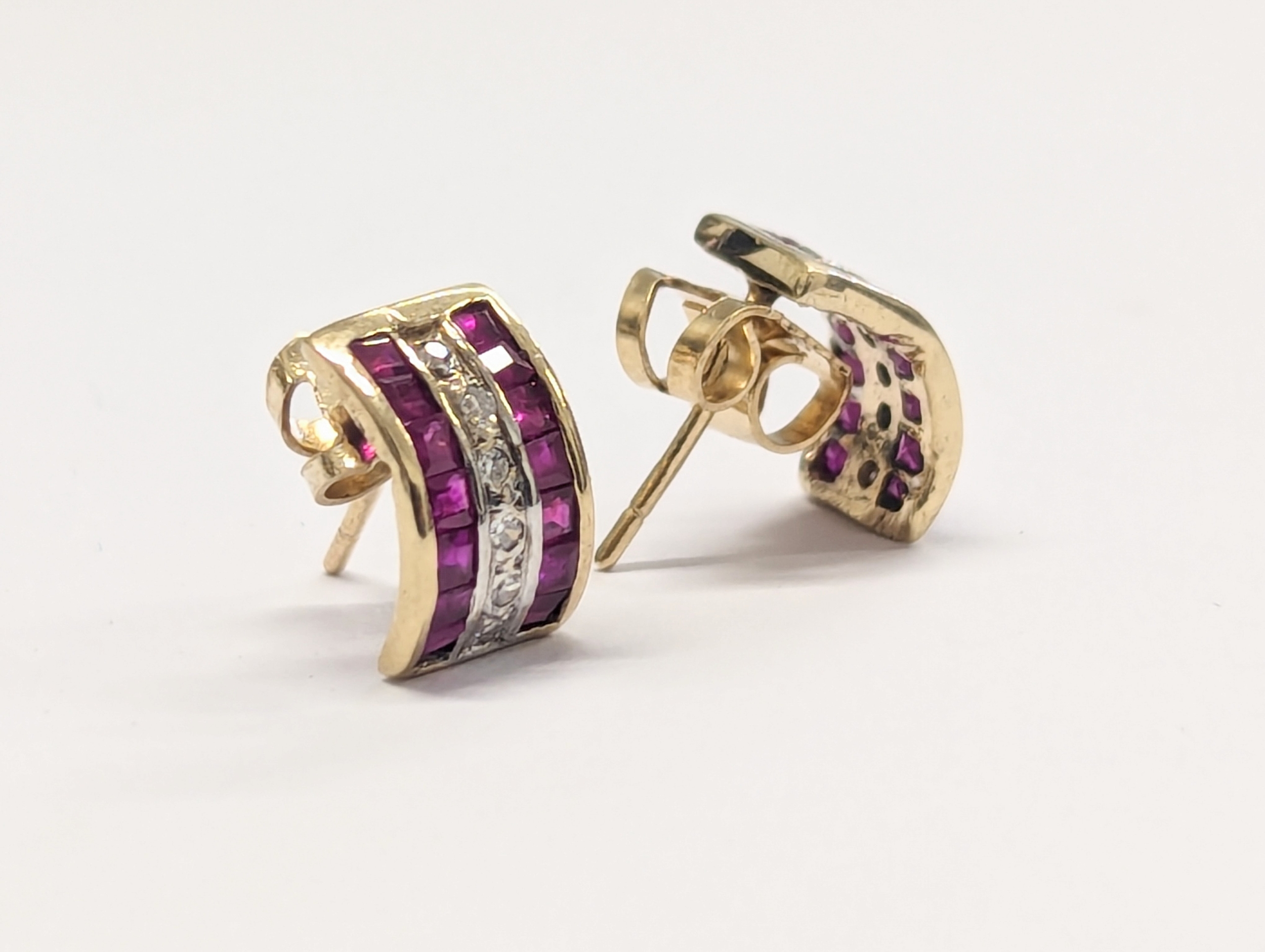 A pair of 9ct gold, ruby and diamond earrings. 1.47g - Image 3 of 3