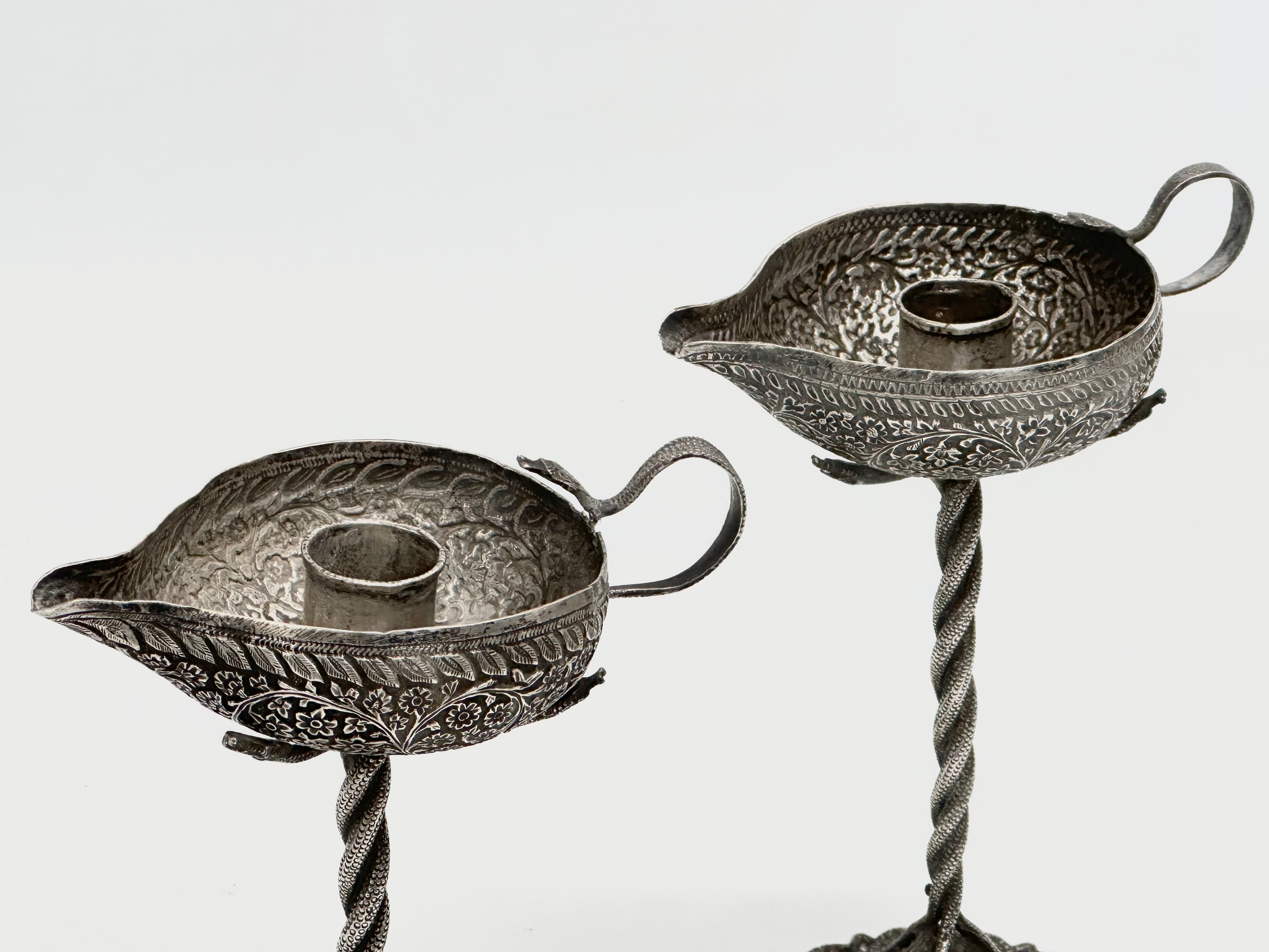A pair of Late 19th Century candleholder oil lamps. With pierced plated bases and cobra columns. - Image 2 of 7