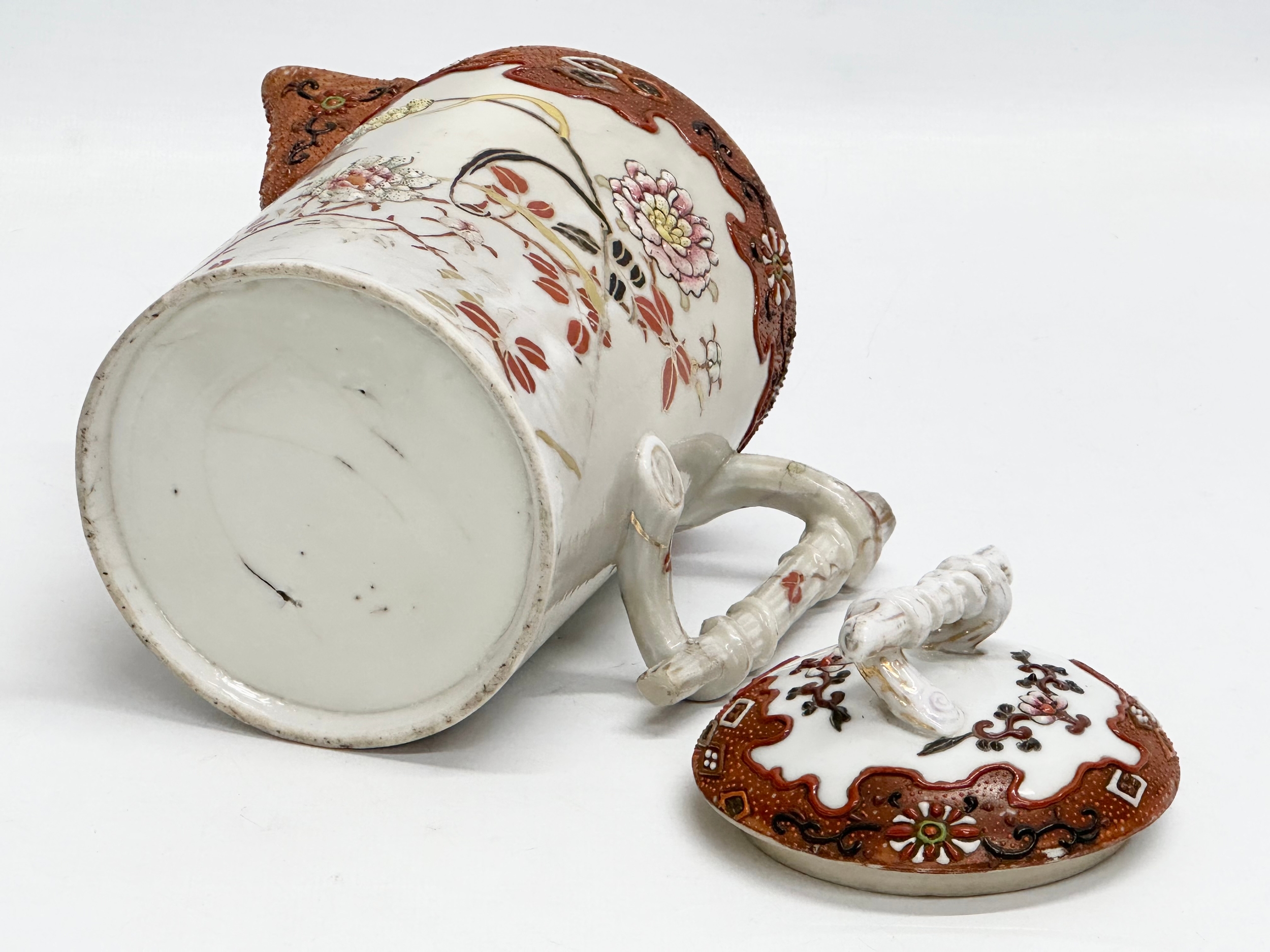A 19th Century Japanese hand painted chocolate pot/teapot. With bamboo design handle and embossed - Image 9 of 13