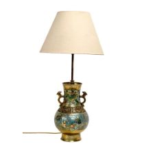 A large Late 19th Century Chinese brass and Cloisonné converted table lamp. 21x82cm