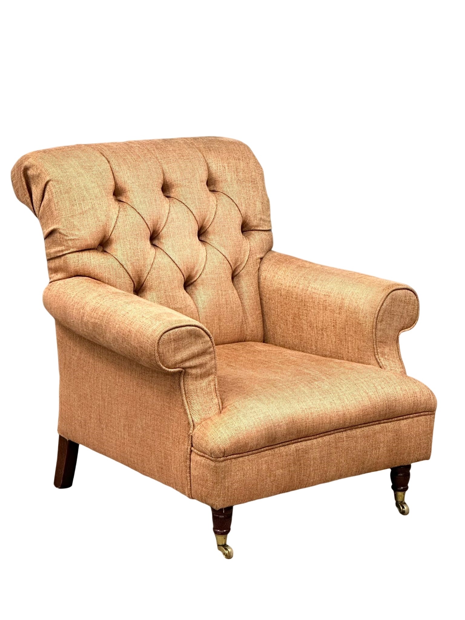 A Late Victorian style button back armchair on brass cup casters. 86x85x90cm - Image 5 of 5