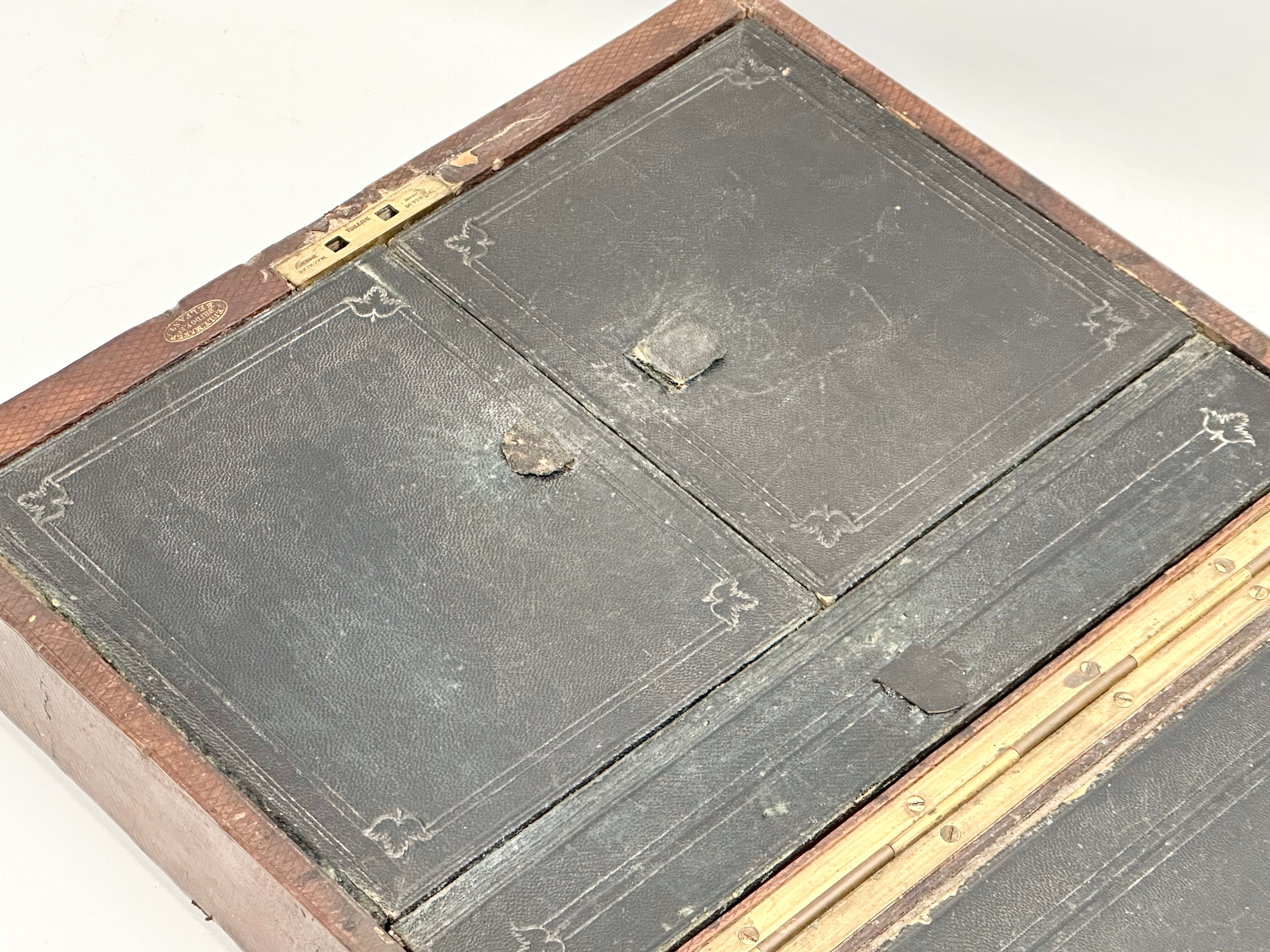 A 19th Century Victorian leather travel writing slope. Belfast maker. Open 60x36cm. Closed - Image 4 of 9