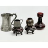 A job lot. A Late 19th Century Hyacinth vase. A large Victorian pewter tankard and other. A pair