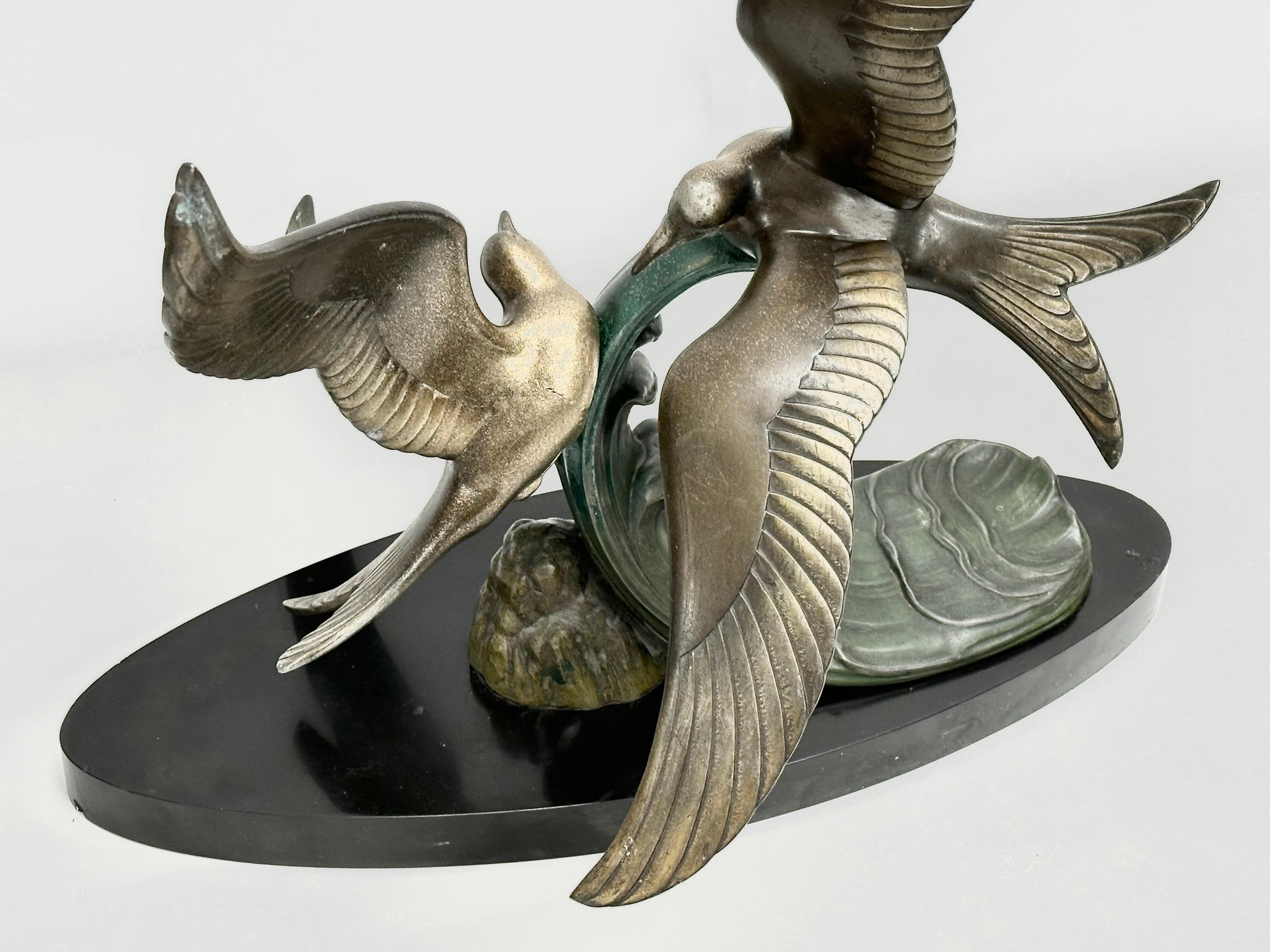 A large 1920’s Art Deco ‘Paradis’ spelter figure on slate base. 47x45x50cm - Image 7 of 7