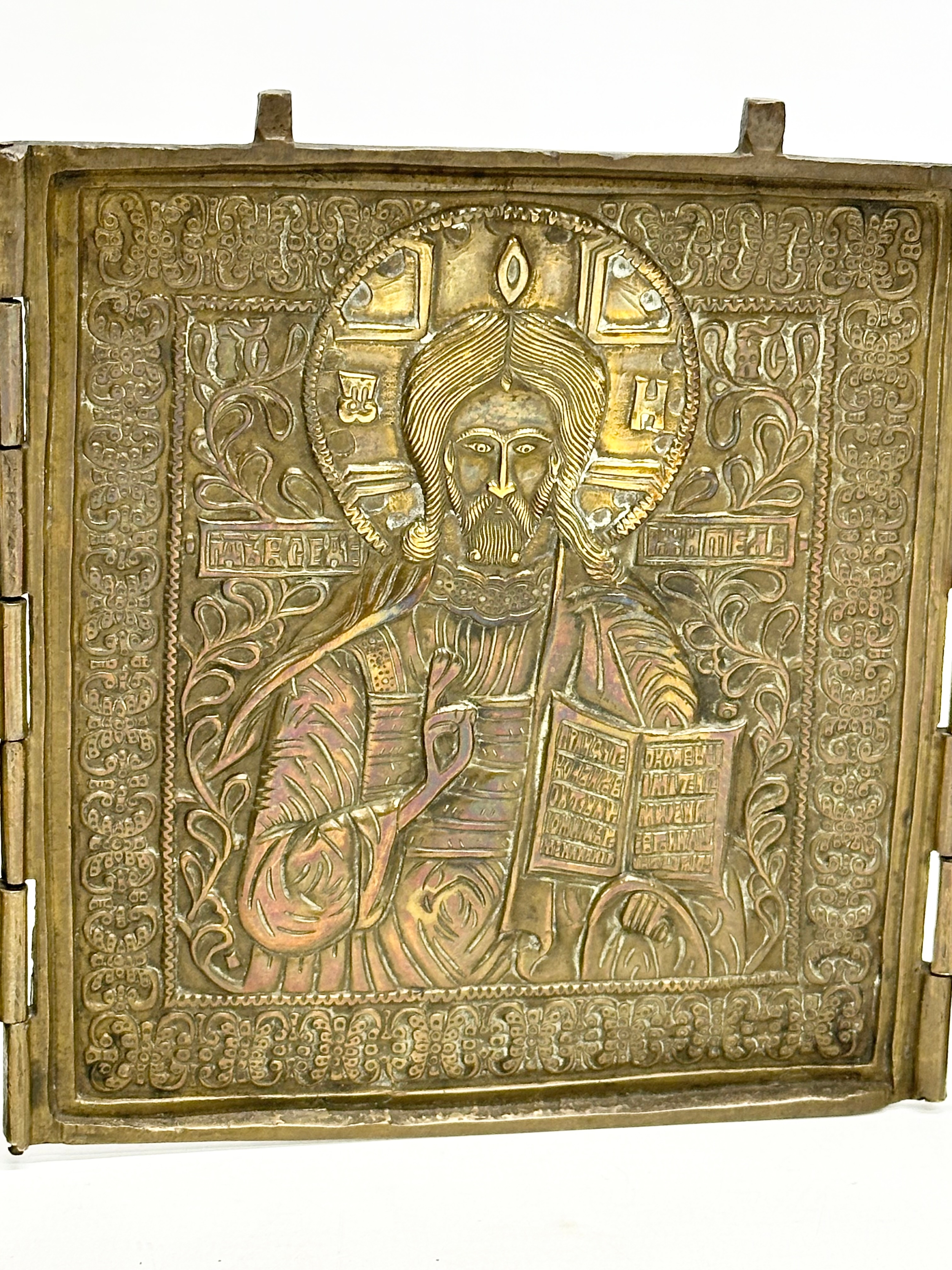 A Late 18th/Early 19th Century Russian Triptych brass religious icon. Open 36.5cm. 13x14.5cm closed. - Image 4 of 11