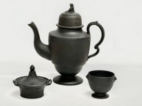 3 pieces of Late 18th/Early 19th Century black Basalt pottery. An unmarked basalt coffee pot,