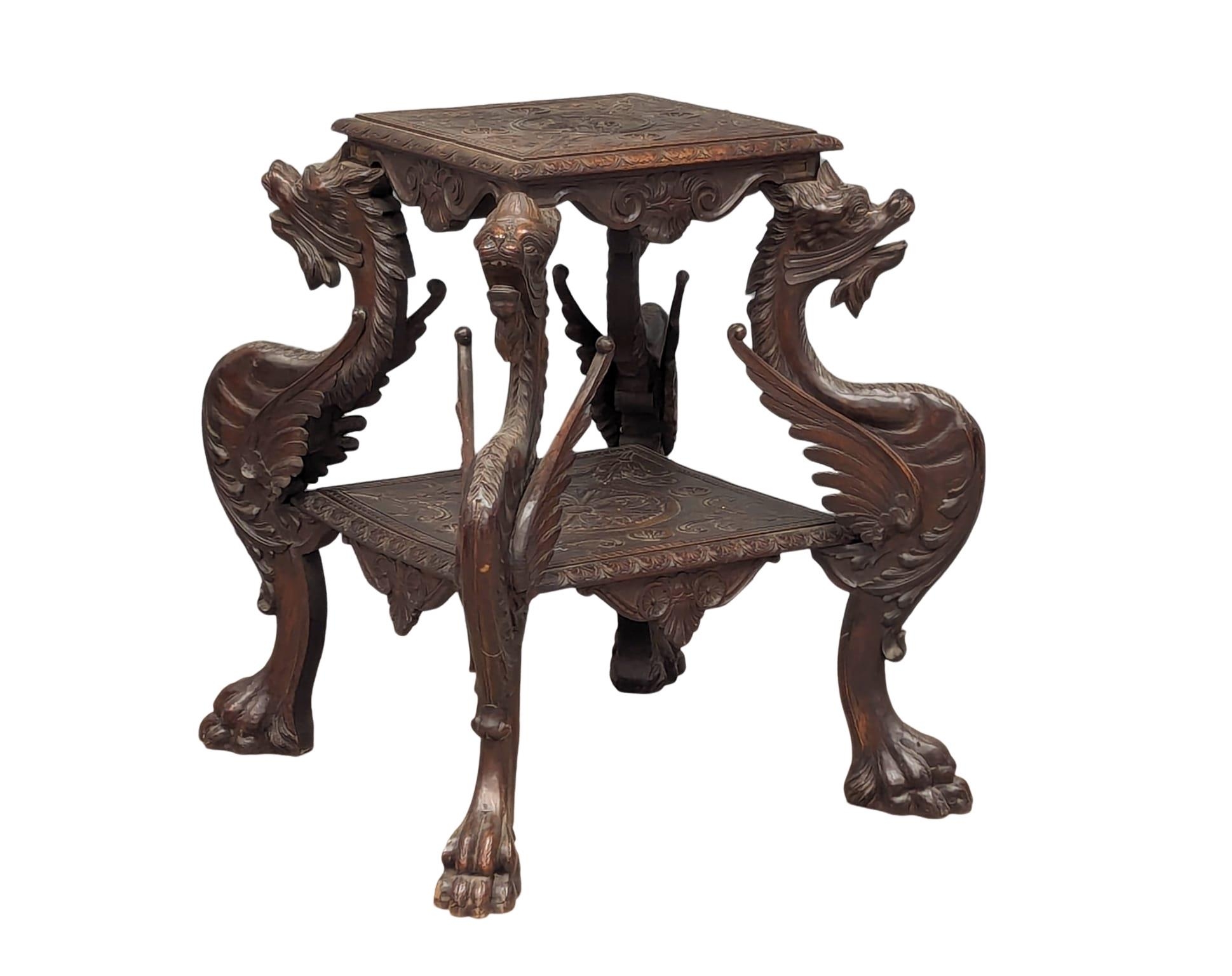 A large Late 19th Century Italian carved walnut 2 tiered table with 4 carved griffin figures.66x73.