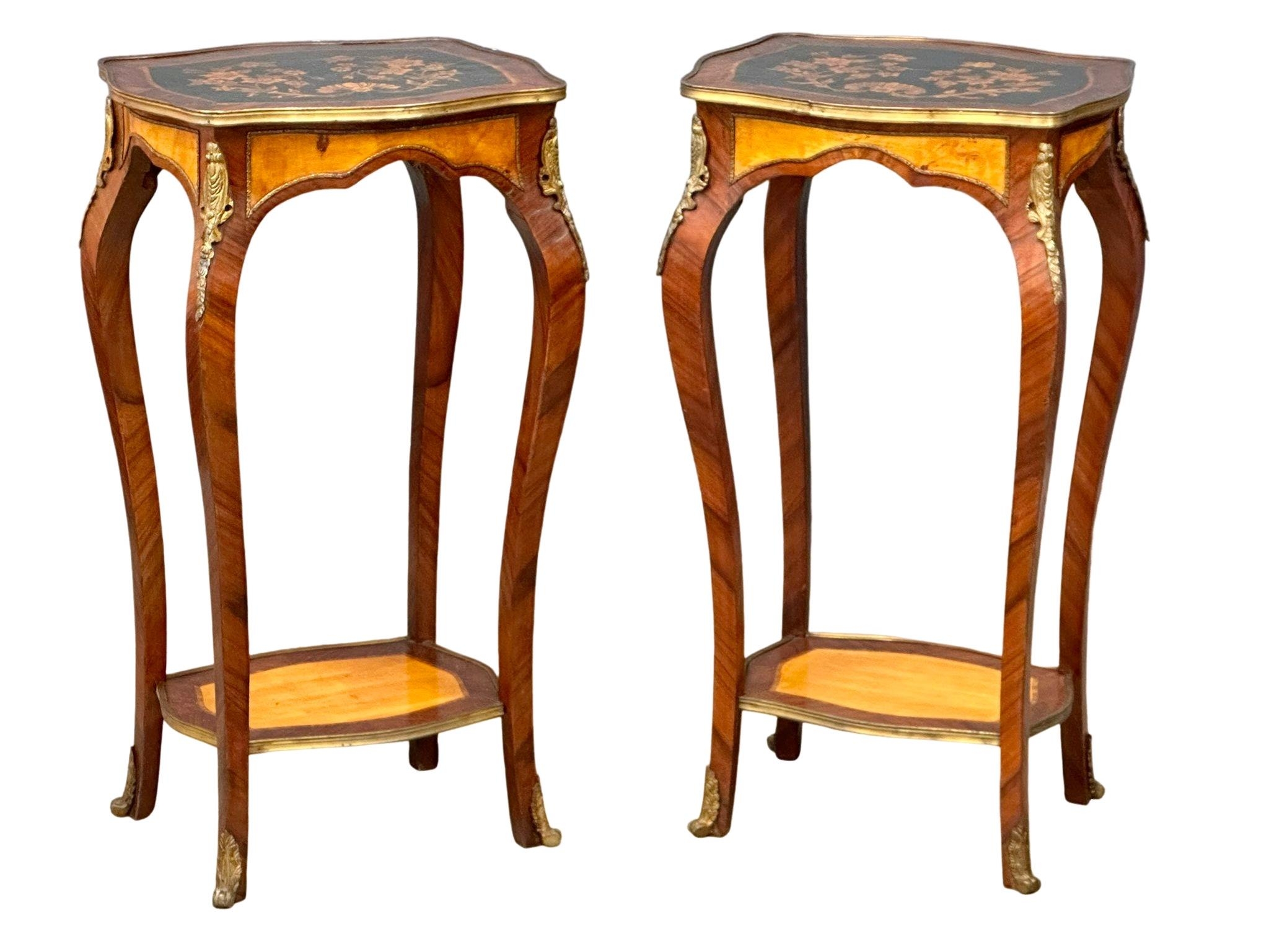A pair of large Early 20th Century French marquetry inlaid side tables/plantstands with brass ormolu