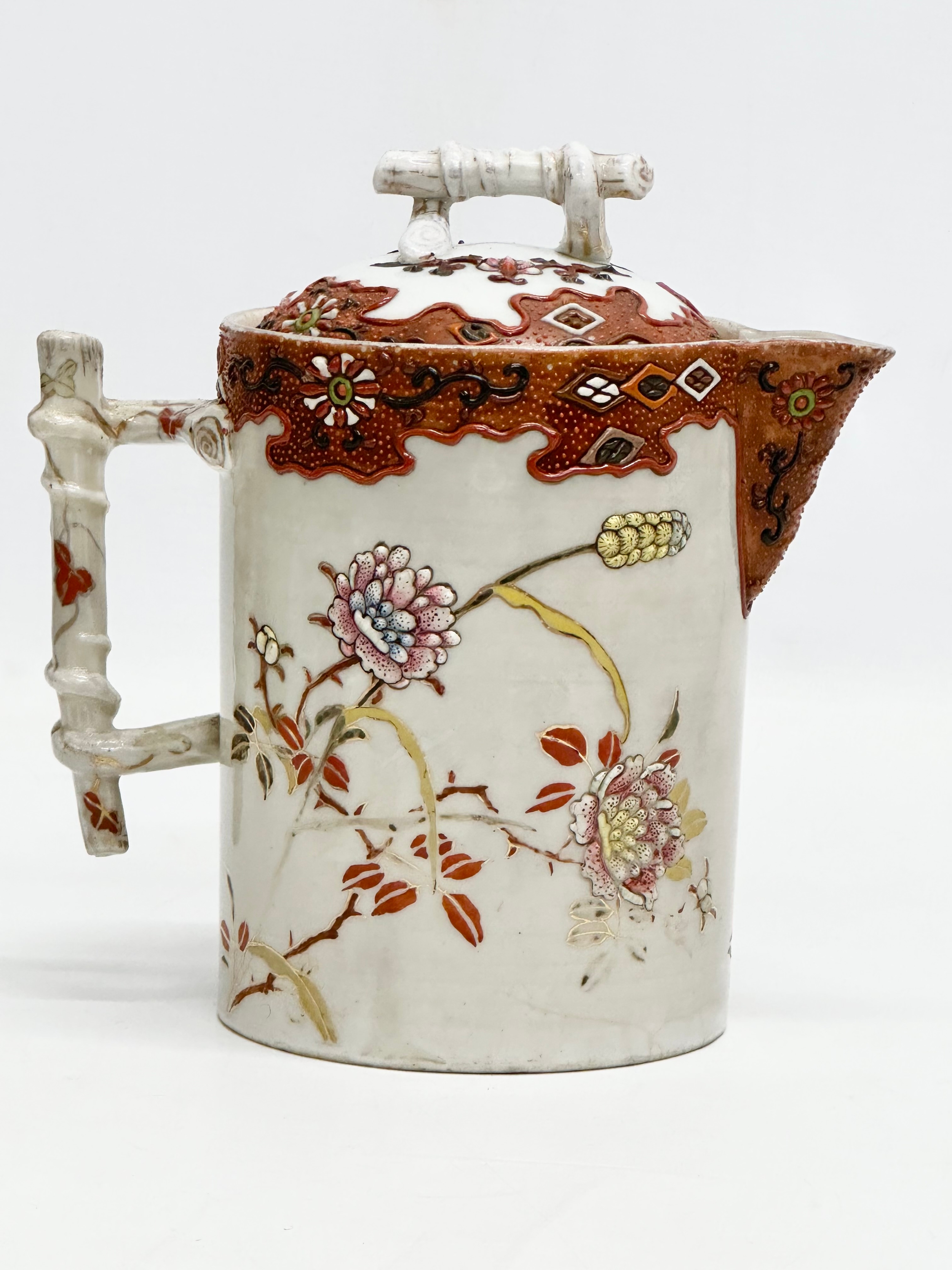 A 19th Century Japanese hand painted chocolate pot/teapot. With bamboo design handle and embossed - Image 5 of 13