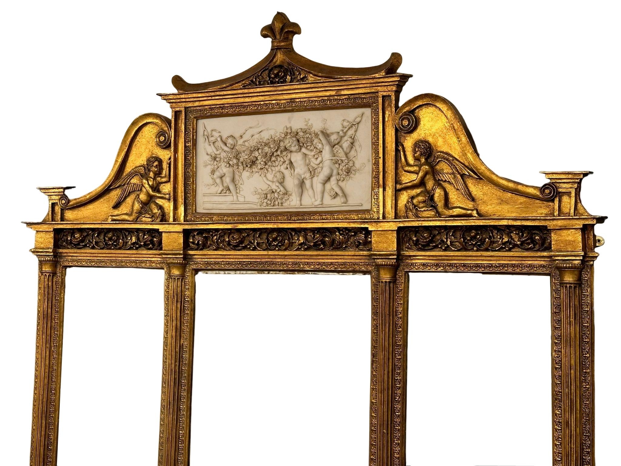 A very large 18th Century style French gilt mirror back console table with marble top, cherub and - Image 6 of 10