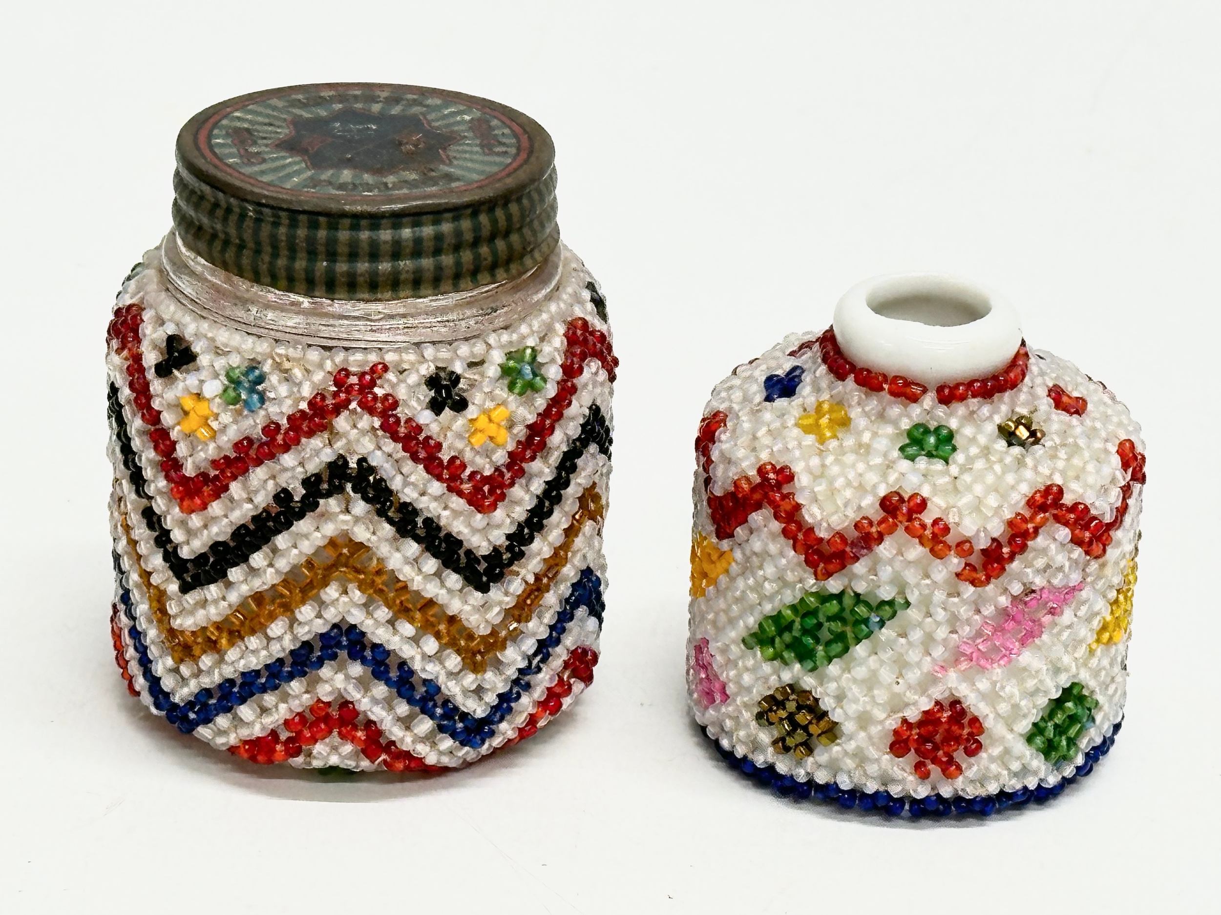 2 pieces of Native American beadwork. Inkwell and jar. 6cm