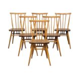 A set of 6 Ercol Model 391 Mid Century Blonde elm and beech dining chairs.