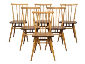 A set of 6 Ercol Model 391 Mid Century Blonde elm and beech dining chairs.