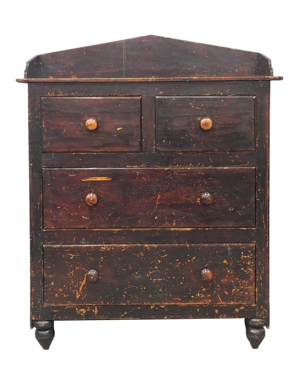 A Victorian pine gallery back chest of drawers with original paintwork. 95x45x115cm