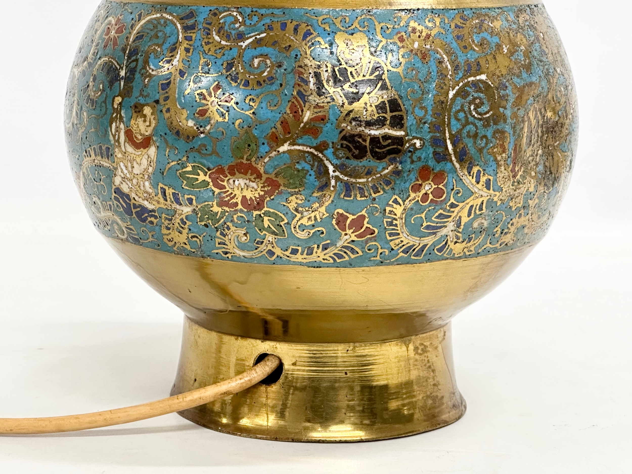 A large Late 19th Century Chinese brass and Cloisonné converted table lamp. 21x82cm - Image 8 of 9