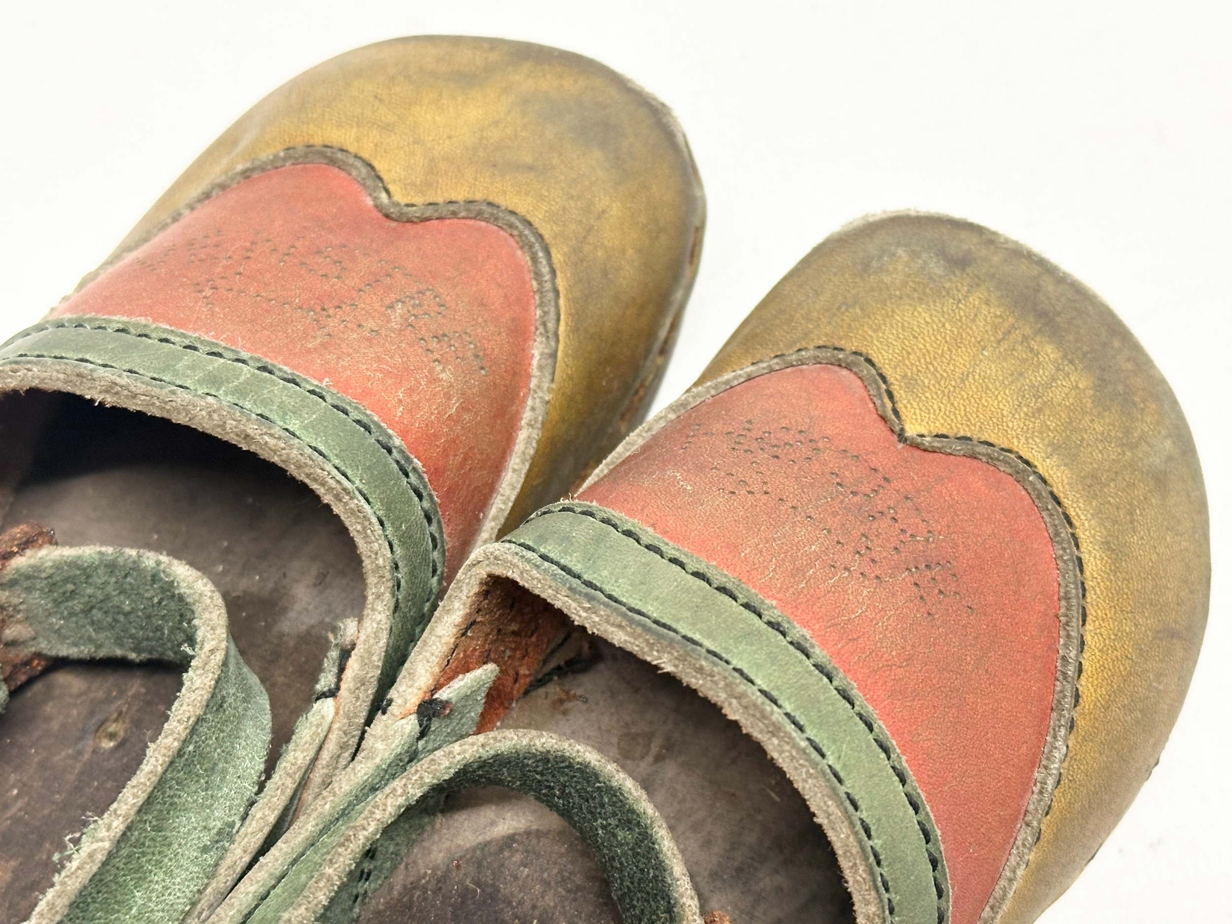 A pair of vintage child’s Folk Art leather and wooden clogs. - Image 2 of 4