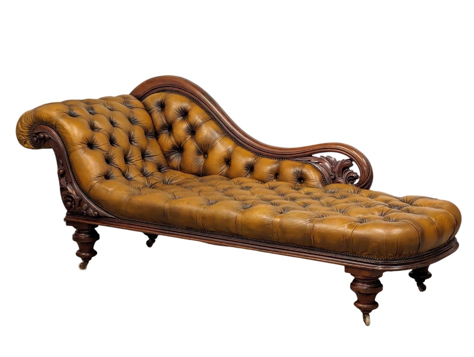 A good quality Early Victorian mahogany framed deep button leather chaise lounge. 204cm