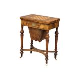 A Victorian inlaid walnut turnover games table. 58x38x72.5cm