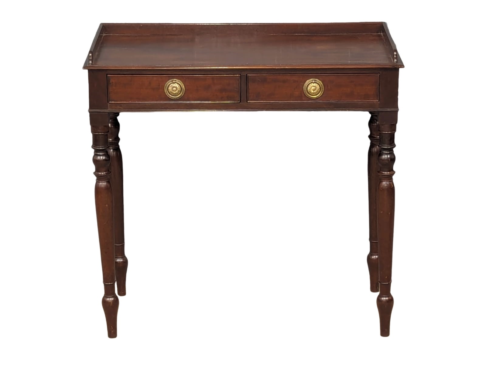 A Victorian mahogany gallery back hall table with 2 drawers with turned tapering legs. 79.5x38x78cm - Image 2 of 6