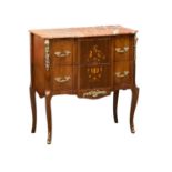 A French 18th Century style inlaid chest of drawers with brass ormolu mounts and marble top.