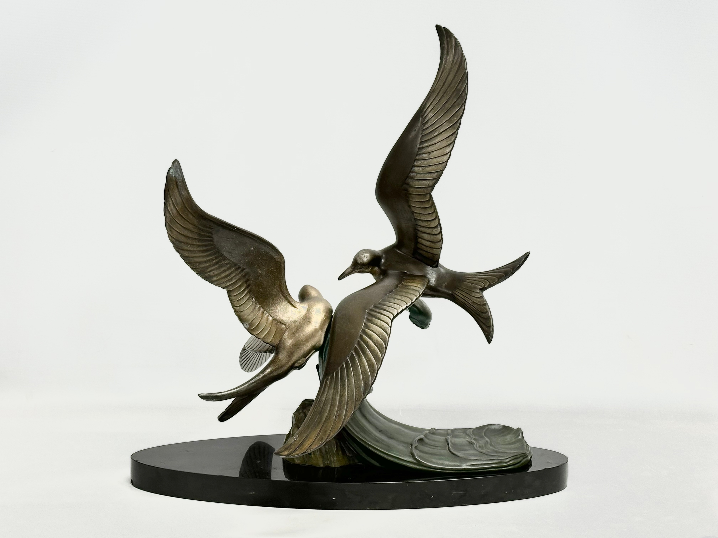 A large 1920’s Art Deco ‘Paradis’ spelter figure on slate base. 47x45x50cm - Image 6 of 7