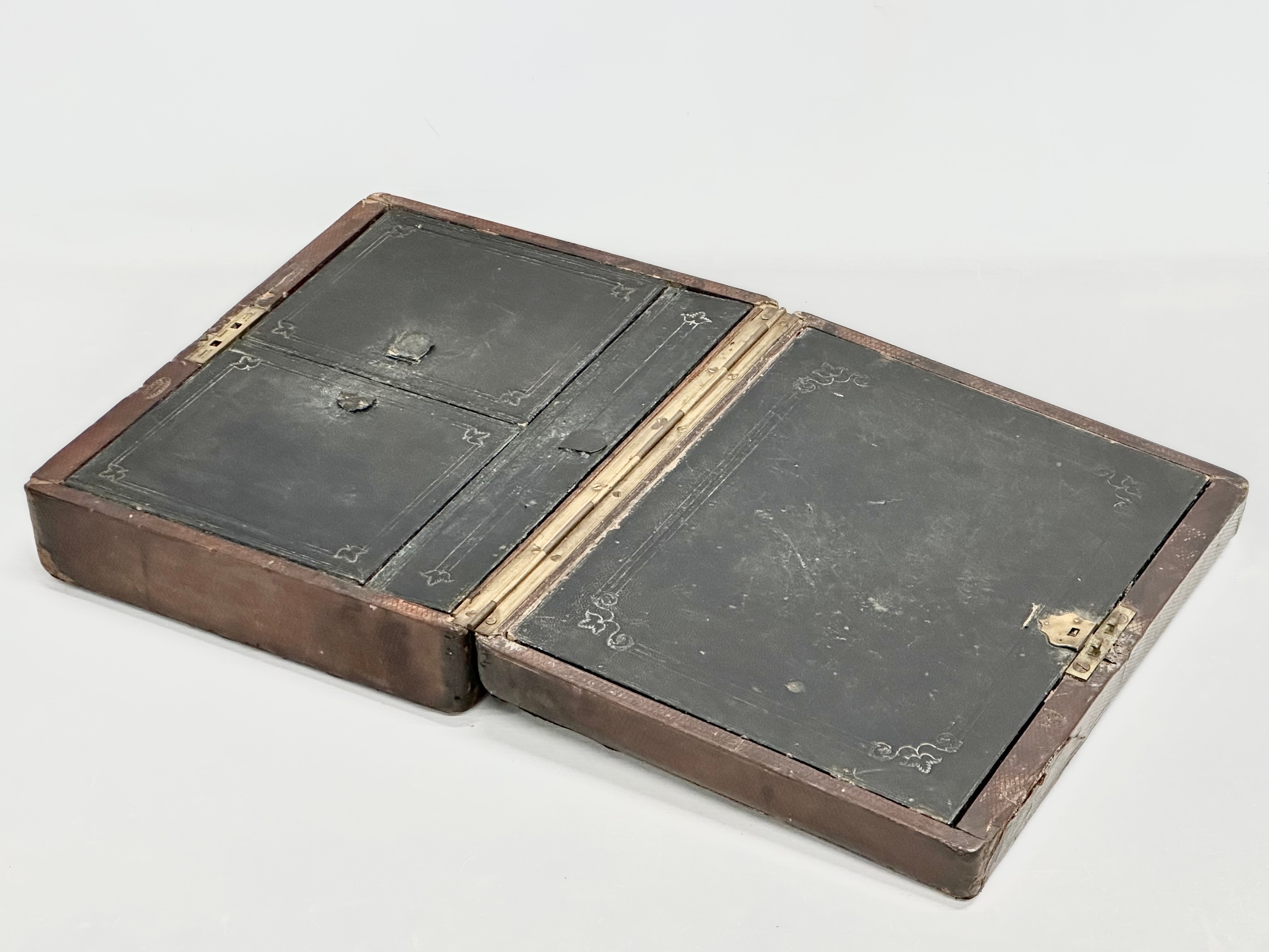 A 19th Century Victorian leather travel writing slope. Belfast maker. Open 60x36cm. Closed - Image 2 of 9