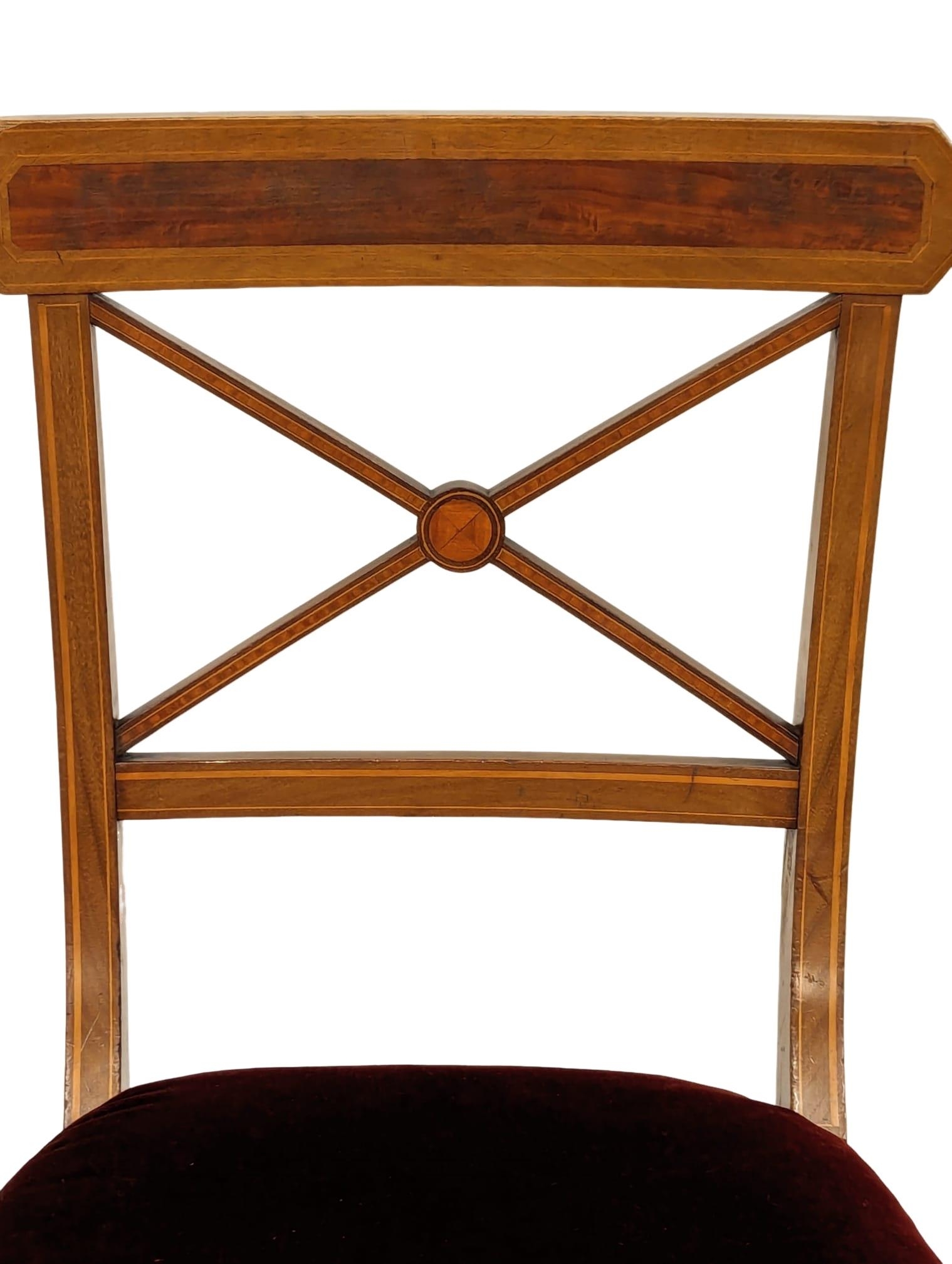 A pair of Edwardian inlaid mahogany side chairs on square tapering legs. In the Sheraton style. - Image 7 of 8