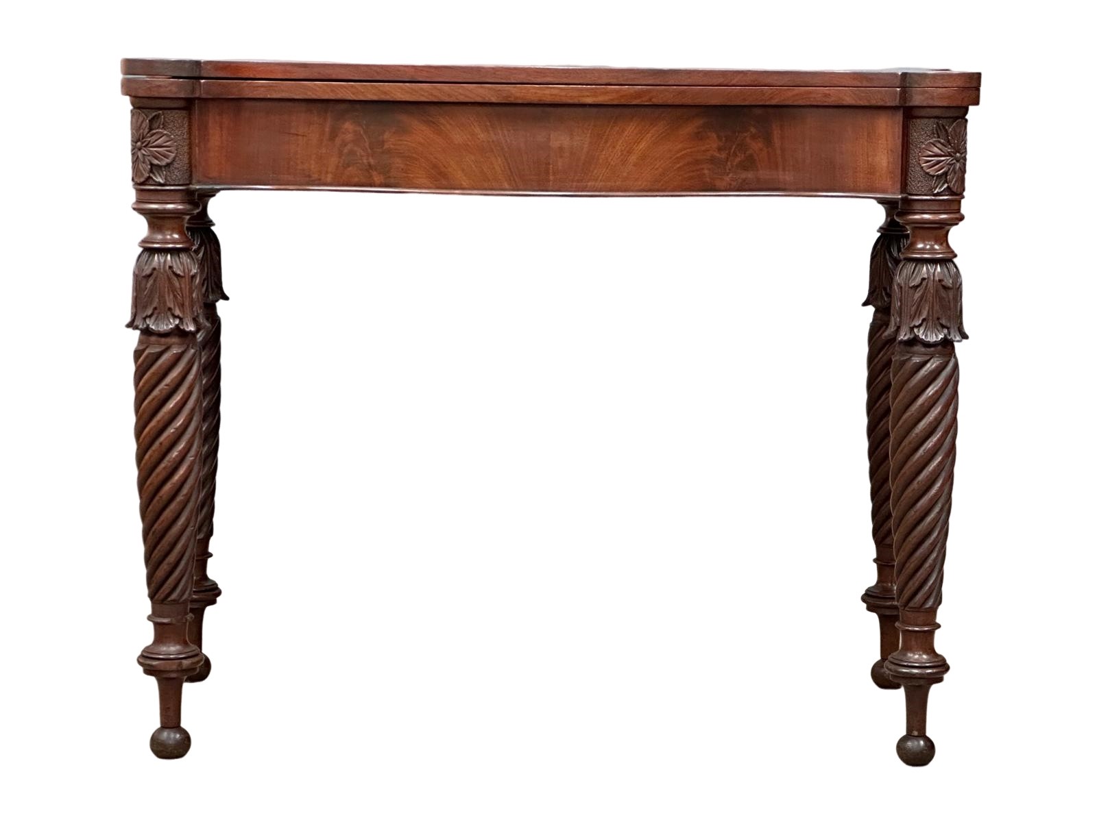 A William IV mahogany serpentine front turnover tea table on turned legs. Circa 1830. 87x44x75cm - Image 9 of 9