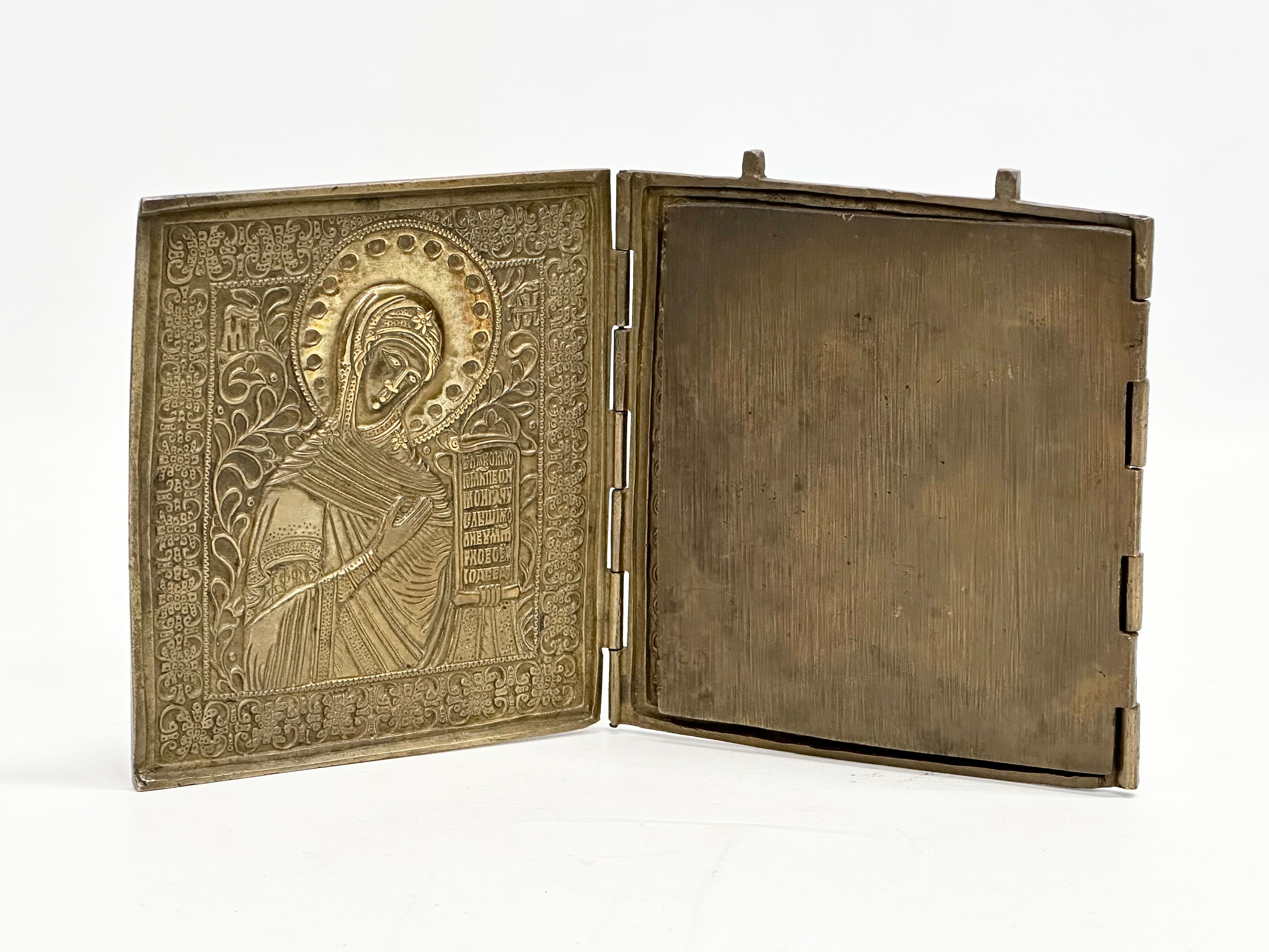 A Late 18th/Early 19th Century Russian Triptych brass religious icon. Open 36.5cm. 13x14.5cm closed. - Image 9 of 11