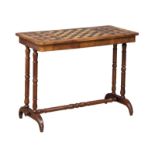 A 19th Century I laid walnut games table with stretcher support, 1870s. 89cm x 44cm x 69cm