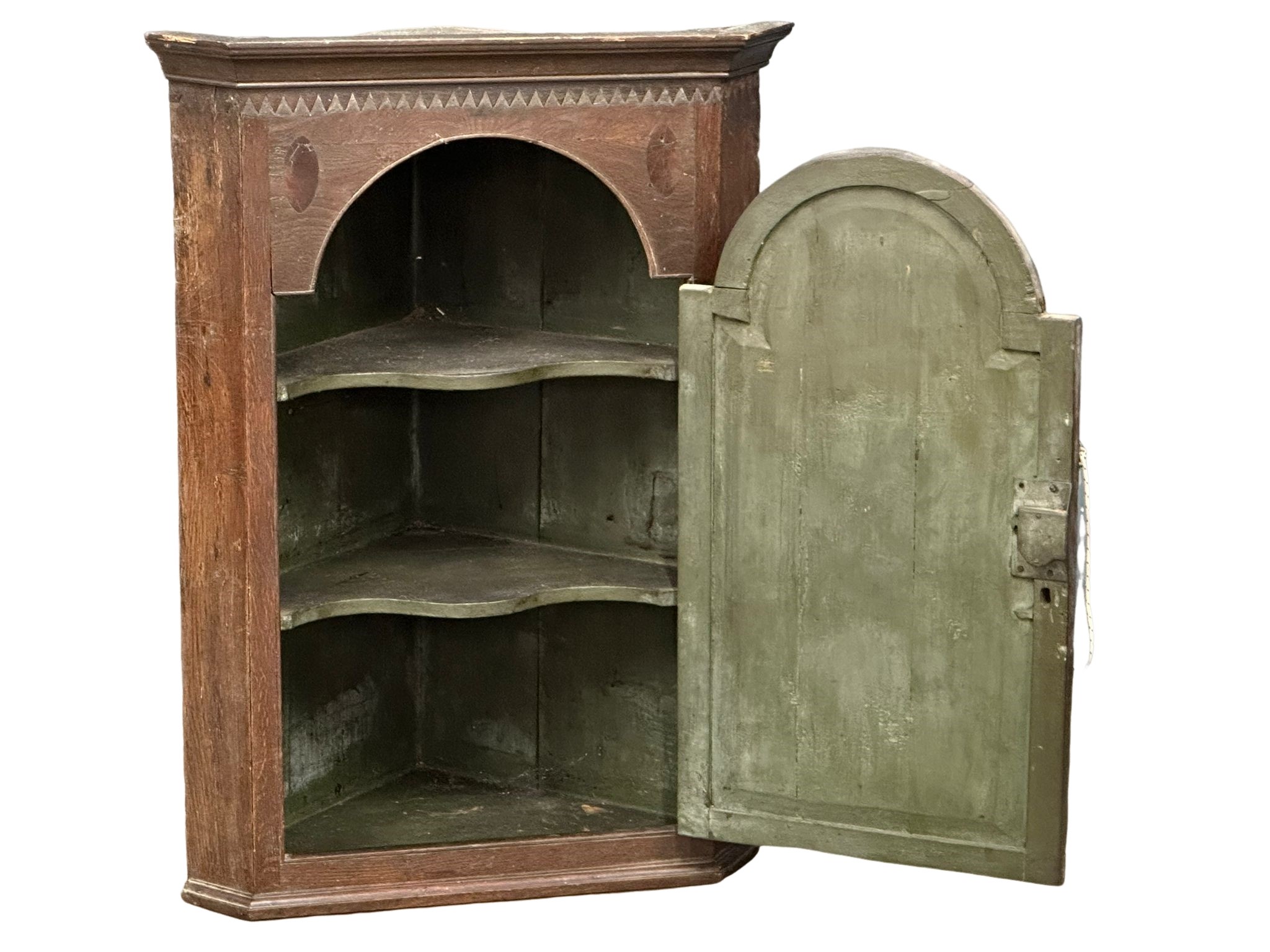 A George III inlaid oak wall hanging corner cupboard with original green painted interior. Circa - Image 3 of 5