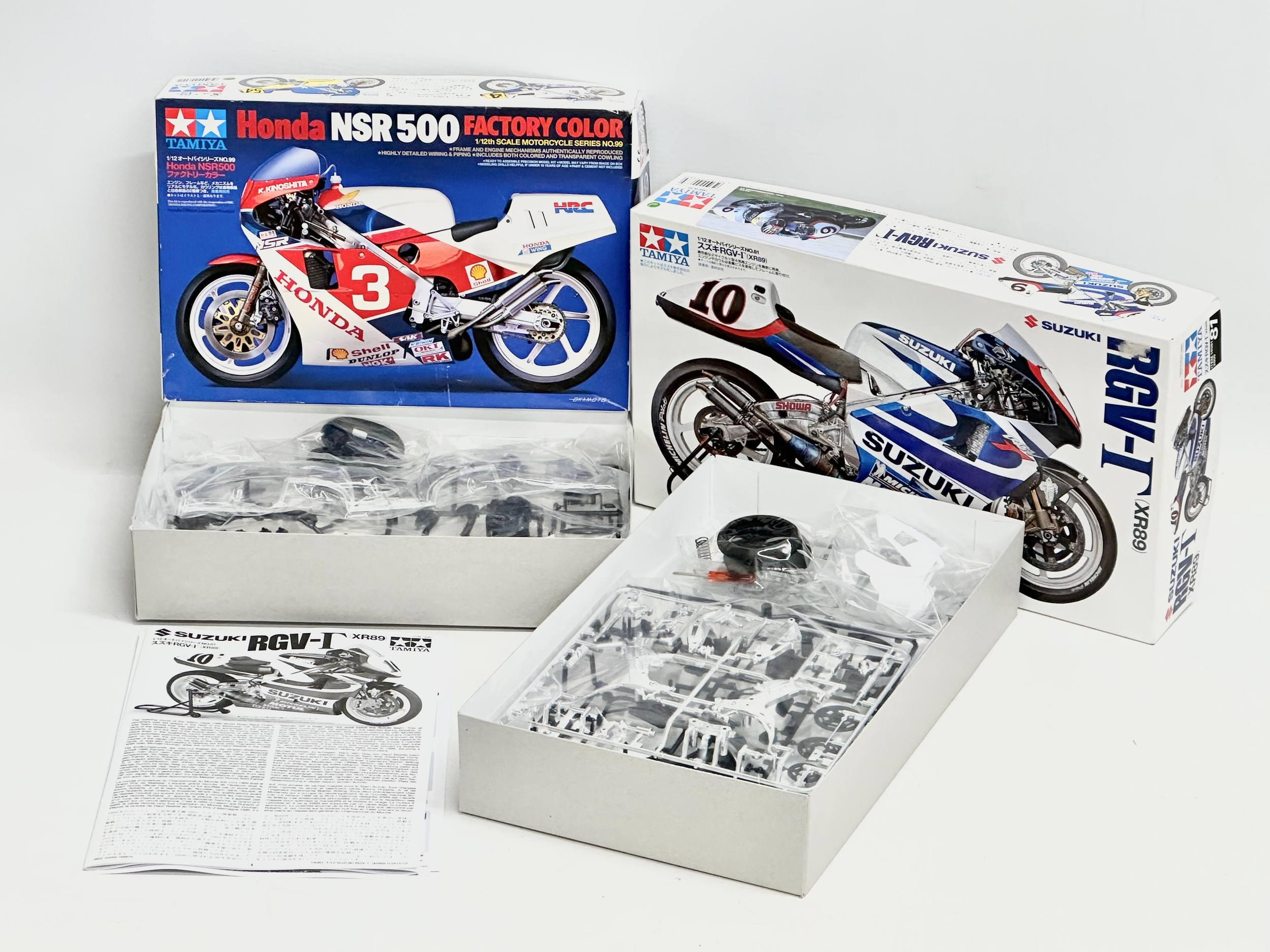 2 Tamiya model kits. A Tamiya Honda NSR 500. A Tamiya Suzuki RGV-1.