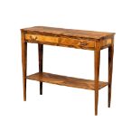 A good quality 2 tiered console table. Made from various woods, including Laburnum, Arbutus,