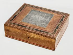 A Mid 19th Century Victorian leather bound dispatch box/jewellery box with pewter panel a painted