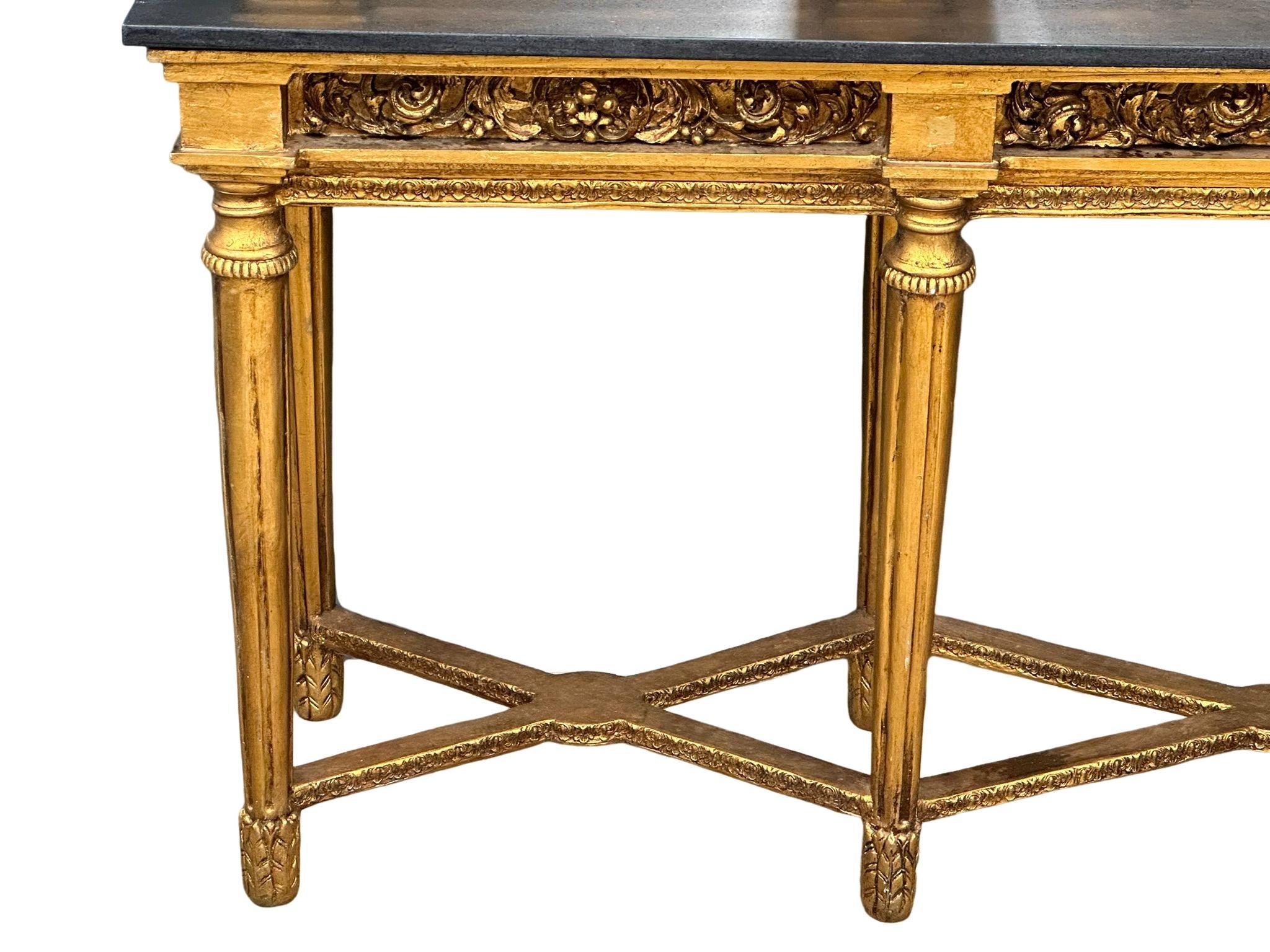 A very large 18th Century style French gilt mirror back console table with marble top, cherub and - Image 8 of 10