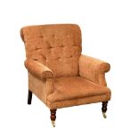 A Late Victorian style button back armchair on brass cup casters. 82x86x91cm