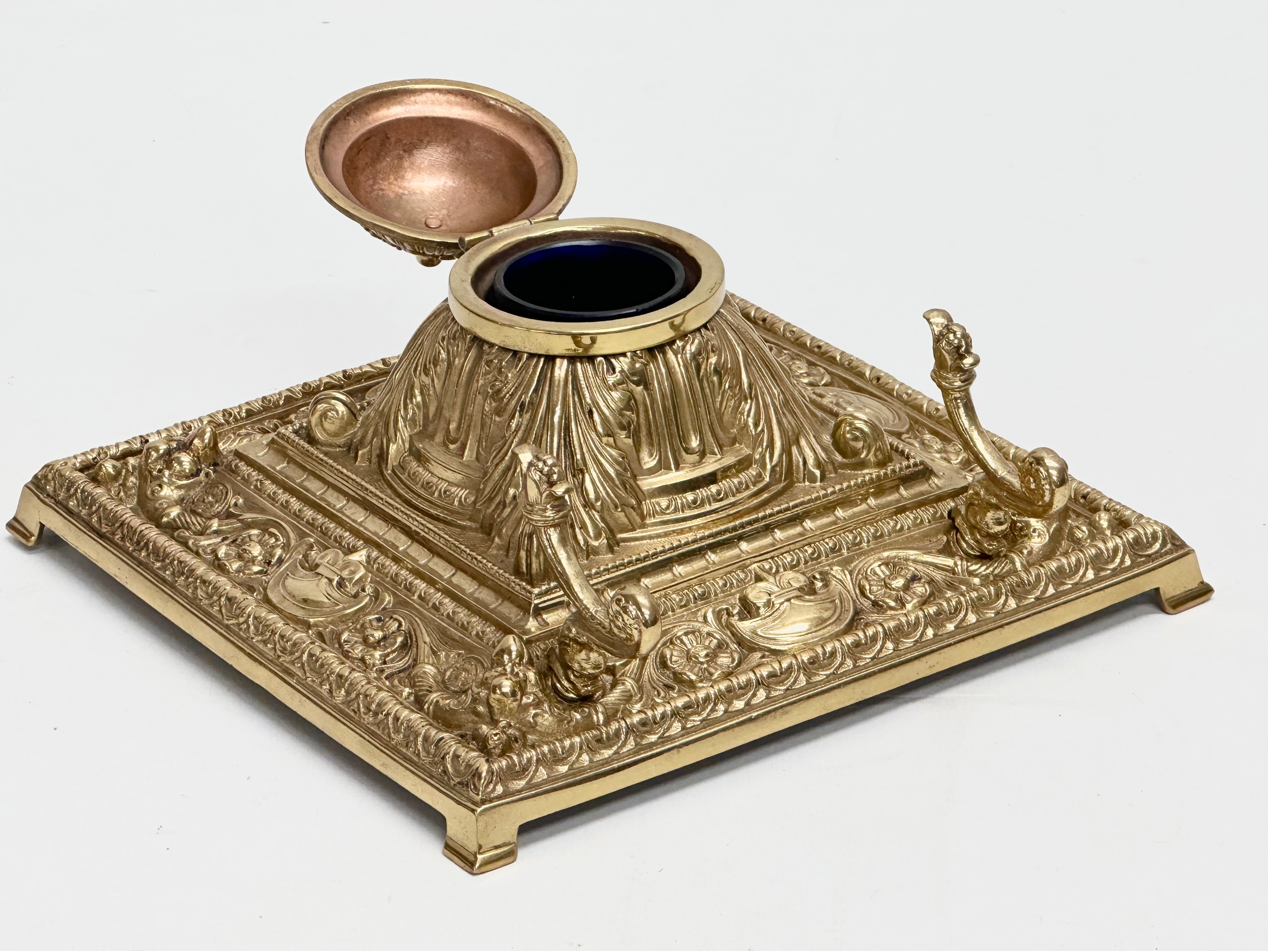 A Late 19th Century Victorian brass inkstand/inkwell with original Bristol Blue liner. 18.5x18. - Image 2 of 6