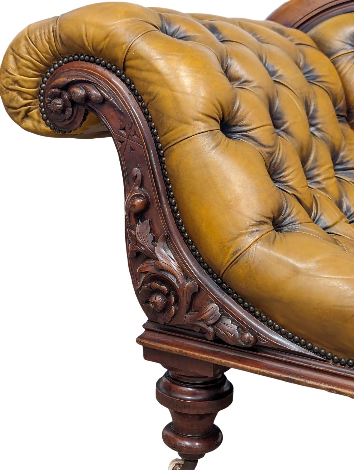 A good quality Early Victorian mahogany framed deep button leather chaise lounge. 204cm - Image 3 of 7
