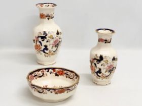 3 pieces of Mason’s ‘Mandalay’ pottery. 2 vases and a bowl. 26cm