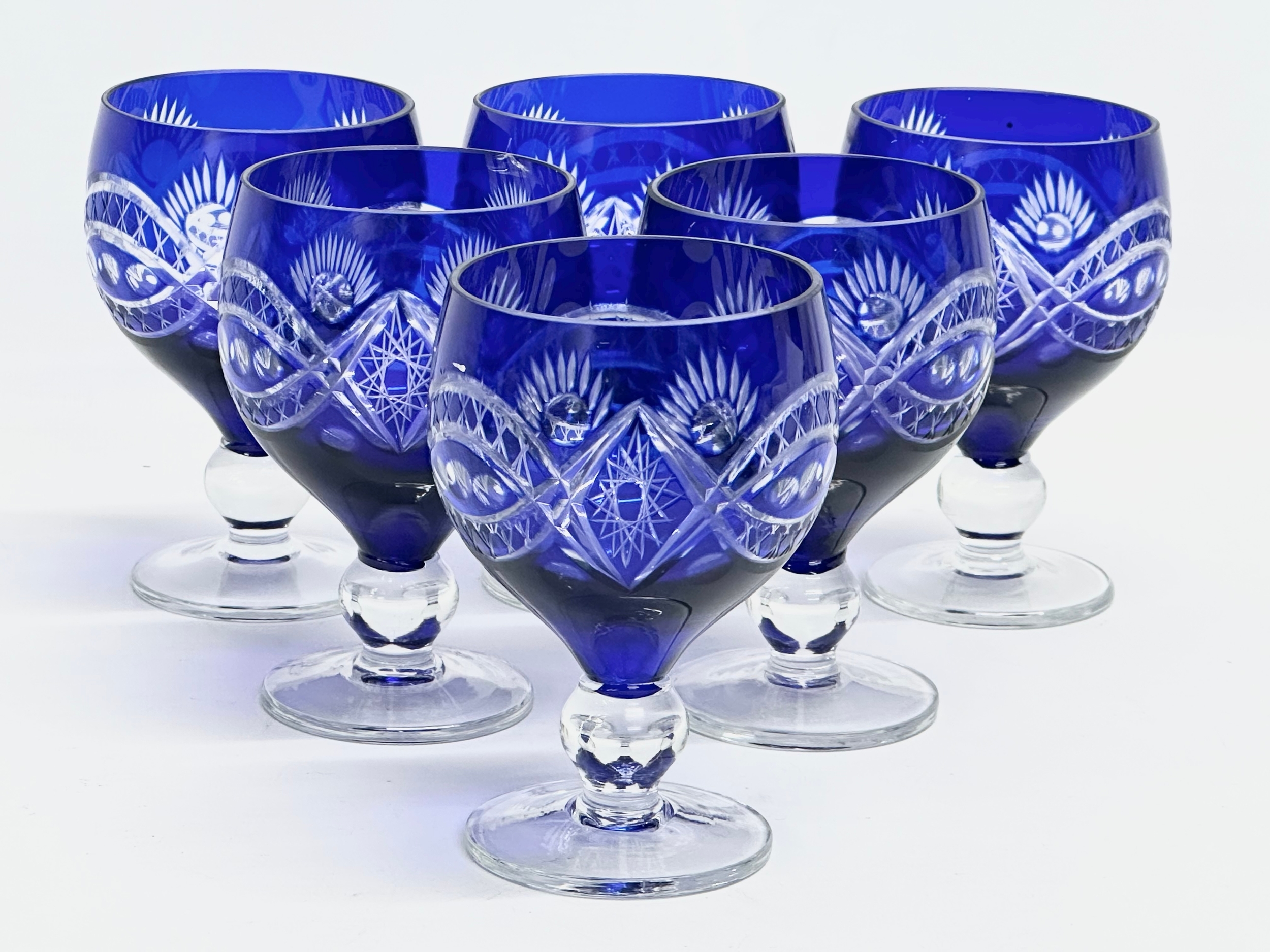 A 7 piece 20th Century Bohemian blue crystal drinks set. Glasses 11cm. Decanter 29cm. - Image 2 of 5