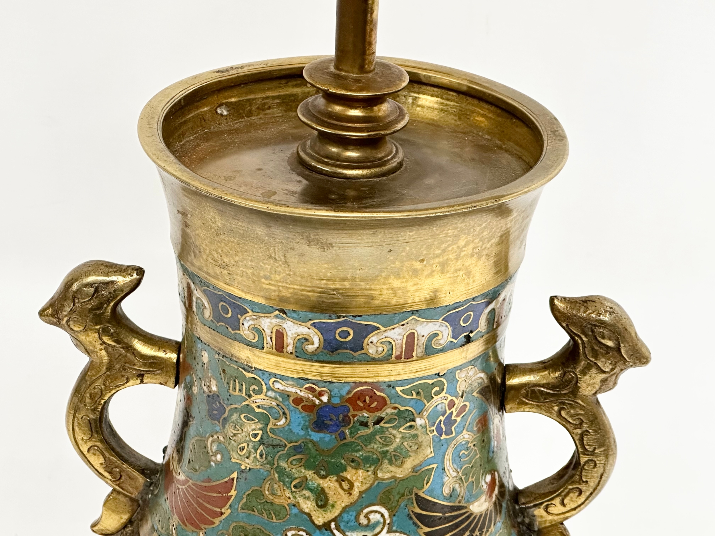 A large Late 19th Century Chinese brass and Cloisonné converted table lamp. 21x82cm - Image 5 of 9