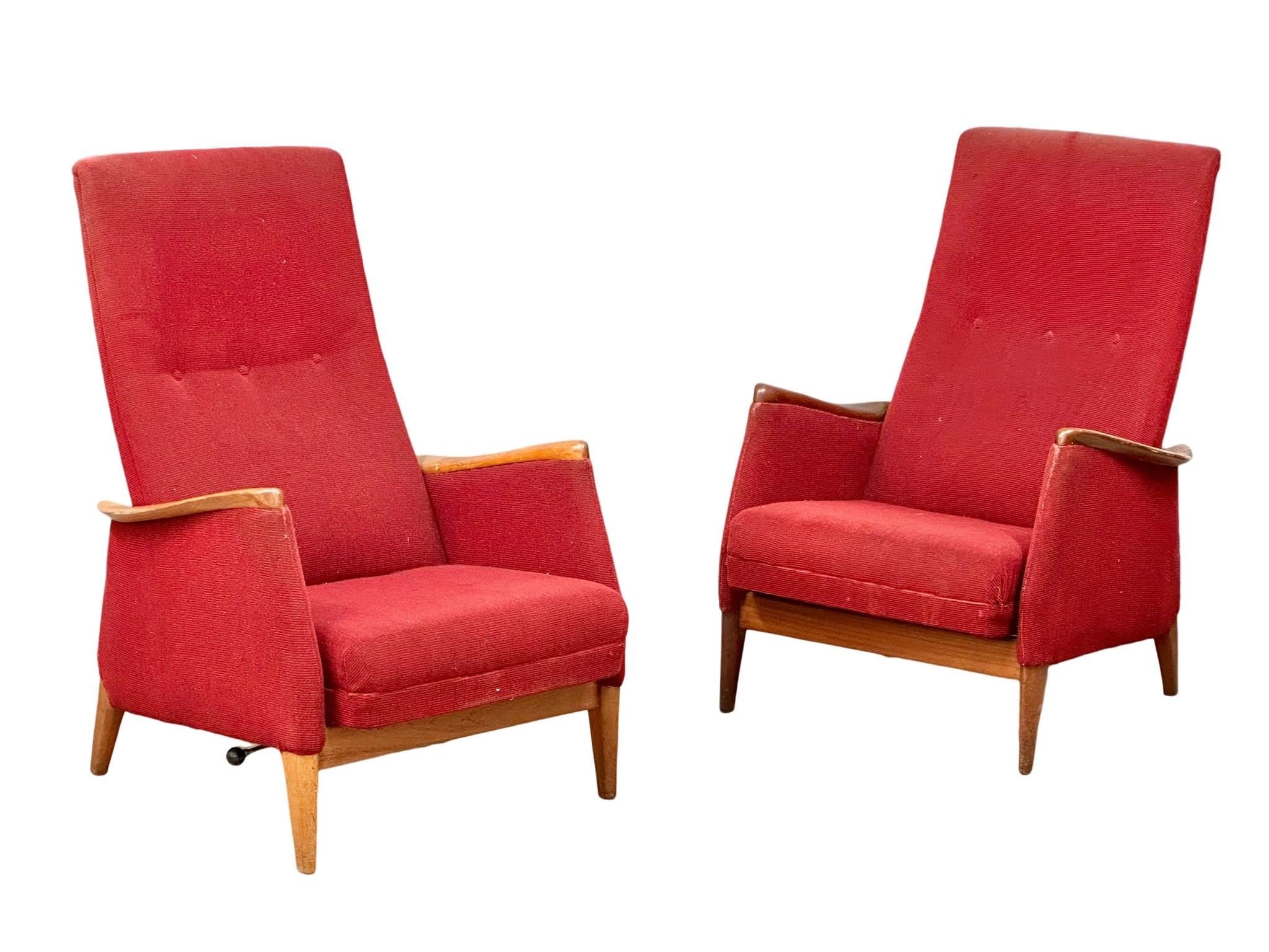 A pair of Norwegian Mid Century teak framed reclining armchairs. Norsk pat. Possibly designed by