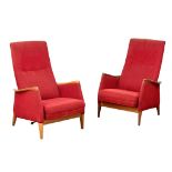 A pair of Norwegian Mid Century teak framed reclining armchairs. Norsk pat. Possibly designed by