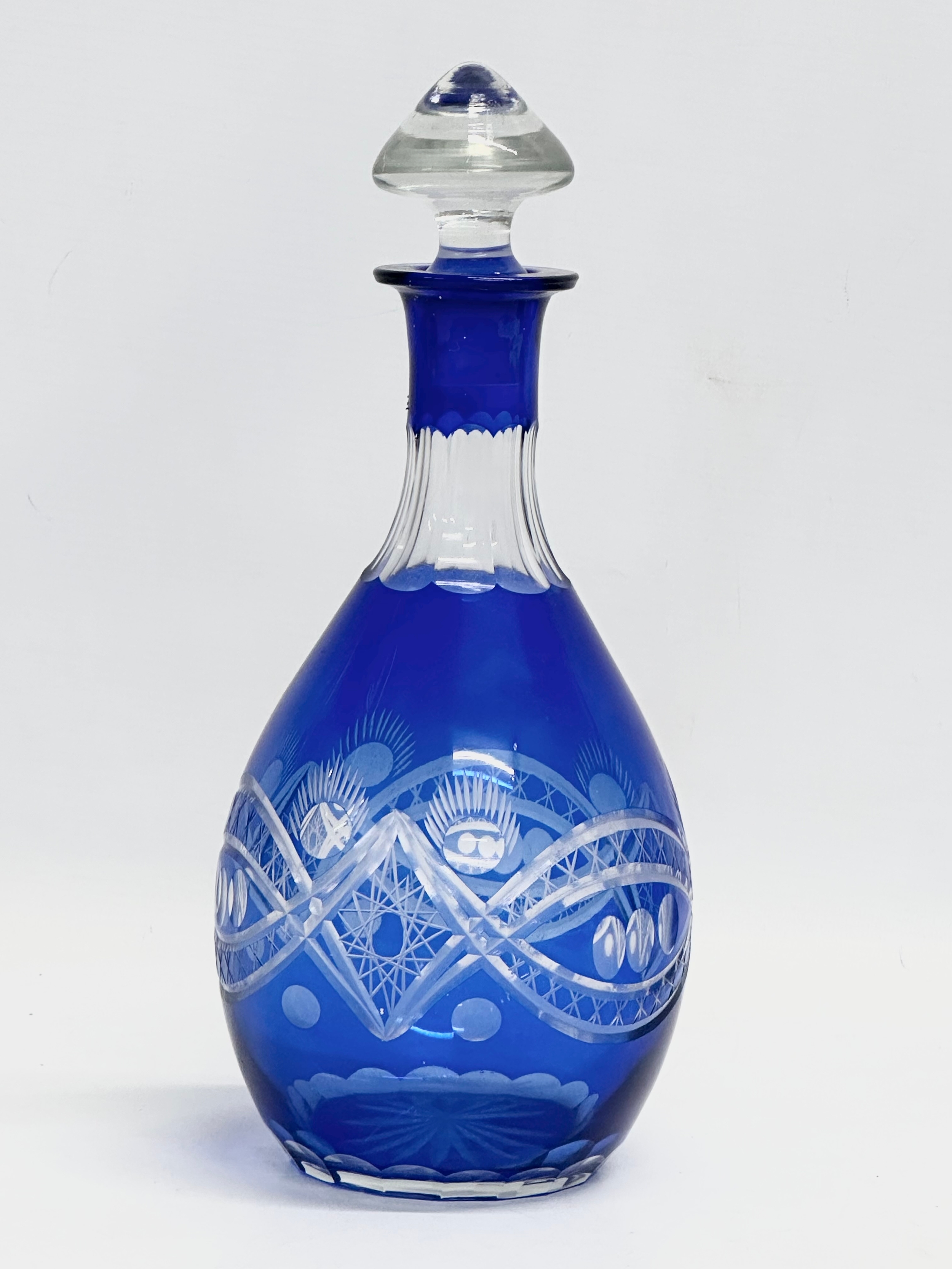A 7 piece 20th Century Bohemian blue crystal drinks set. Glasses 11cm. Decanter 29cm. - Image 3 of 5