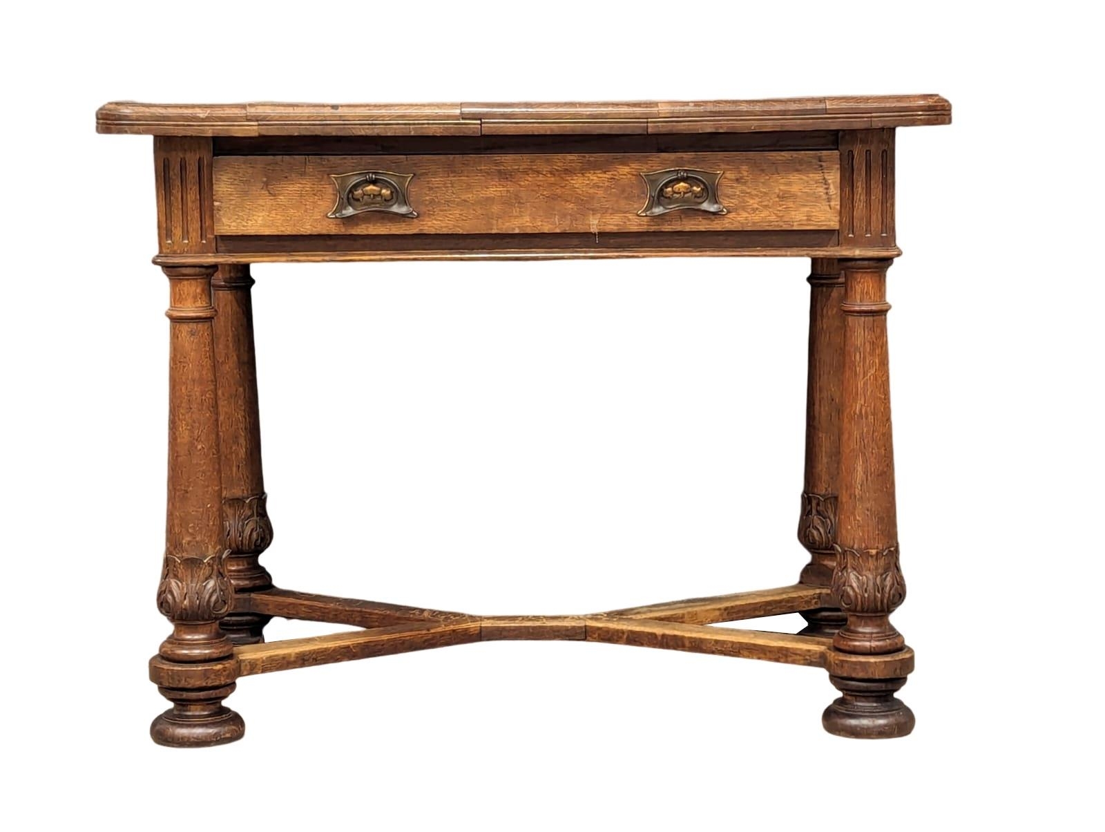 A Late 19th Century oak side table with drawer as copper Art Nouveau handles. 98x65x76cm - Image 5 of 5